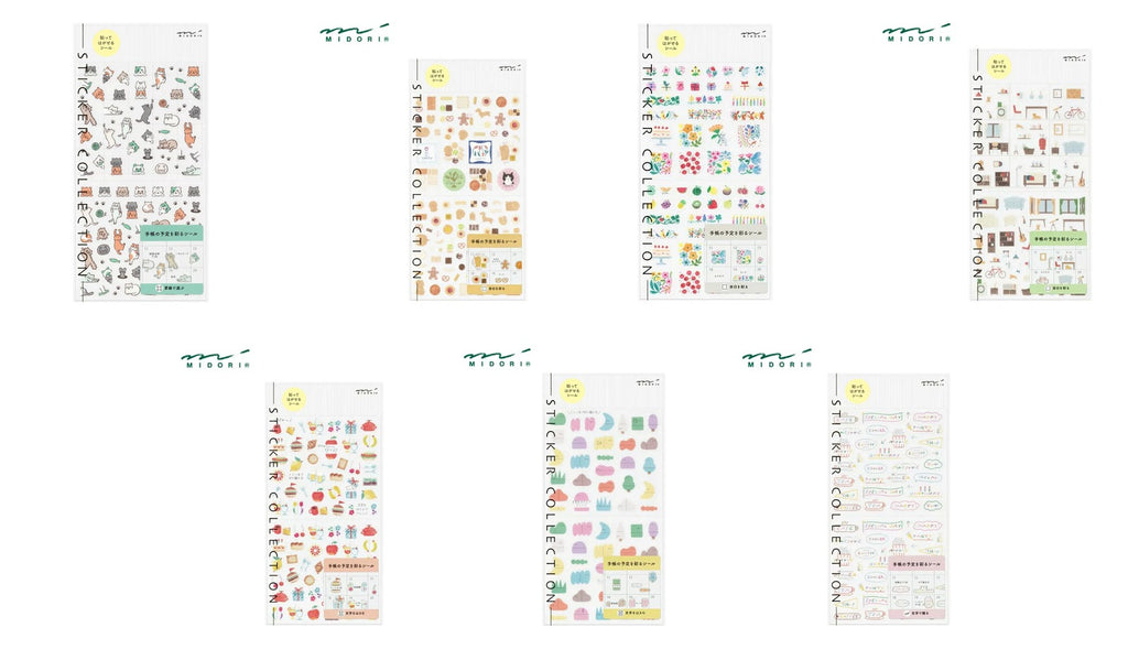 Seven MIDORI Sticker Collection sheets laid out on white: cats, cookies, flowers, interiors, food, soft shapes and words