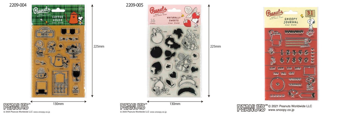 Three Kodomo no Kao Snoopy clear stamp sheets side by side: Coffee House, Naturally Sweets and Snoopy Journal