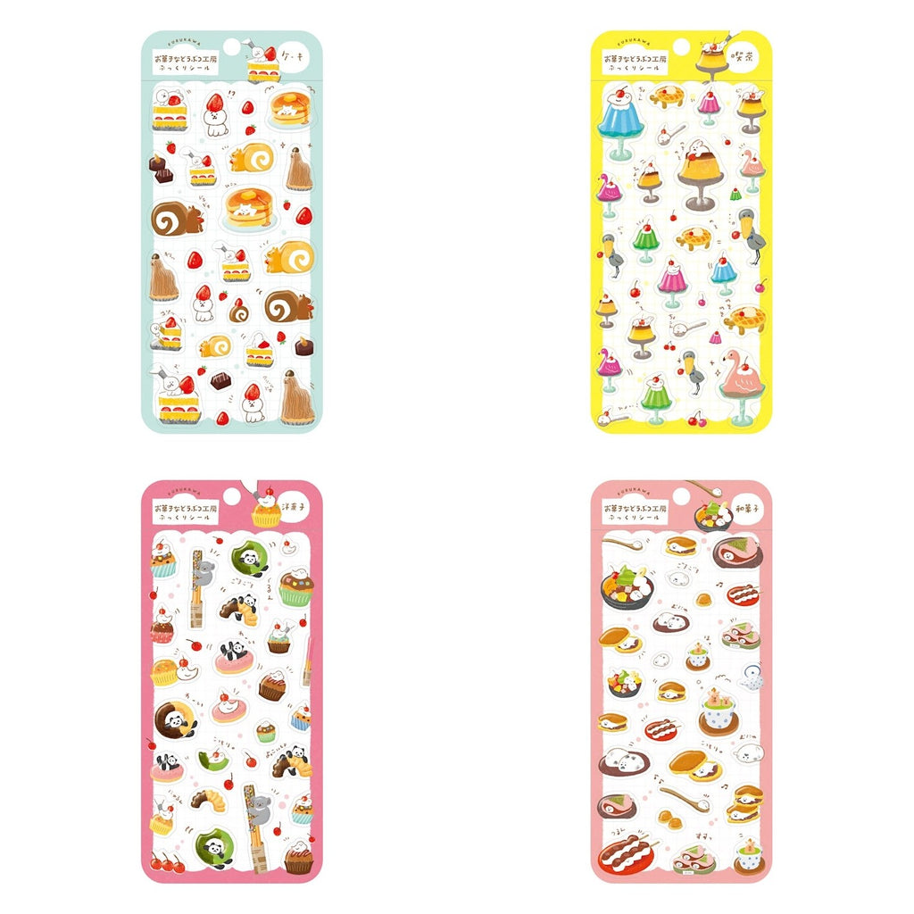 Furukawashiko puffy sticker sheets from the Okashi na Doubutsu Kobo series, four dessert designs