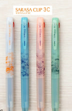 Zebra Sarasa Clip 3C Snoopy 2026 in all four barrel colours: white, blue, pink and light green