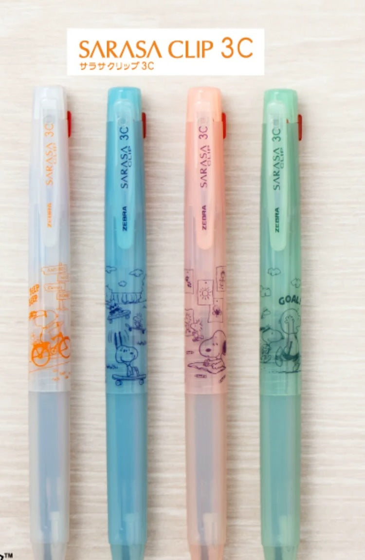 Zebra Sarasa Clip 3C Snoopy 2026 in all four barrel colours: white, blue, pink and light green