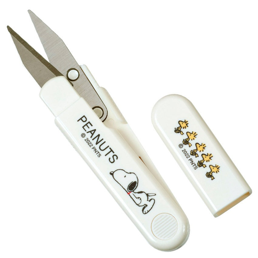 Misasa Snoopy Handy Scissors 110mm with the cap off, cream body printed with Snoopy and Woodstock