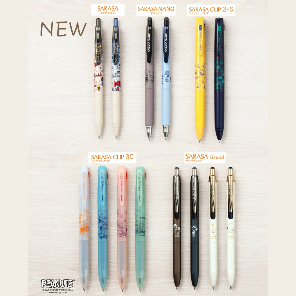 The 2026 Zebra Sarasa Snoopy lineup: Sarasa Clip, Nano, Clip 2+S, Clip 3C and Grand