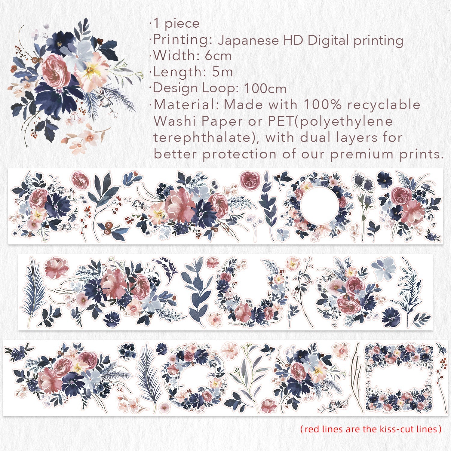 Pre-cut Frosty Rose Wide Washi/PET Tape