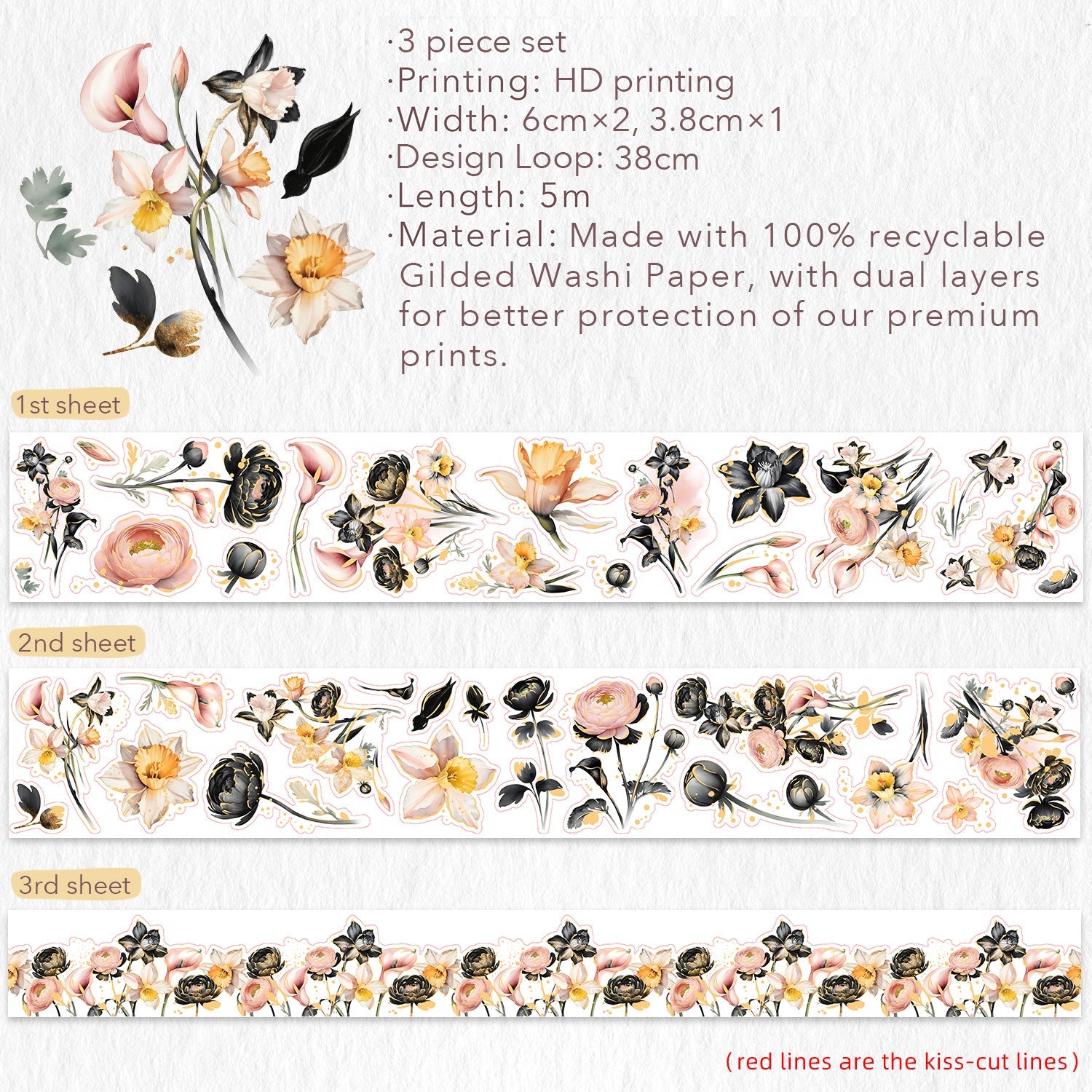 Auric Rose Washi Tape Sticker Set (GILDED)