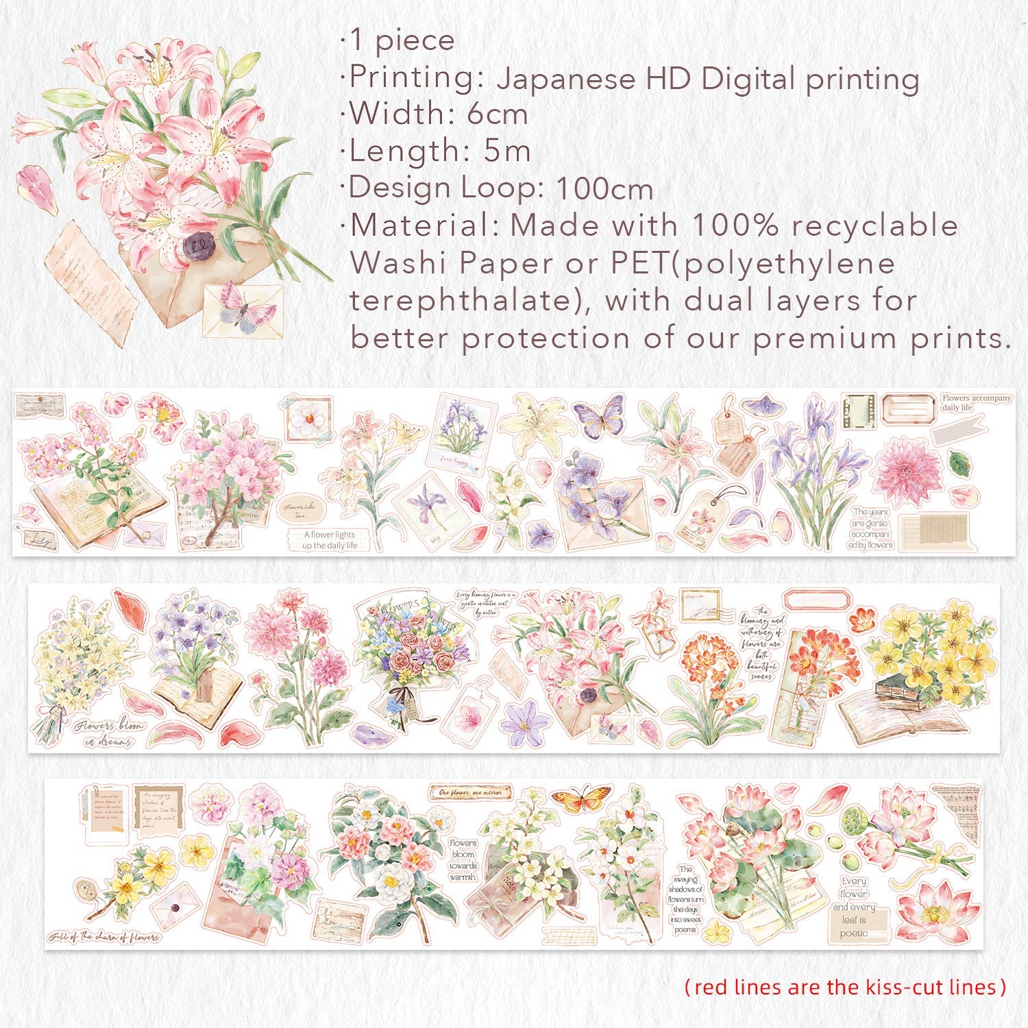 Pre-cut Petal Post Wide Washi/PET Tape