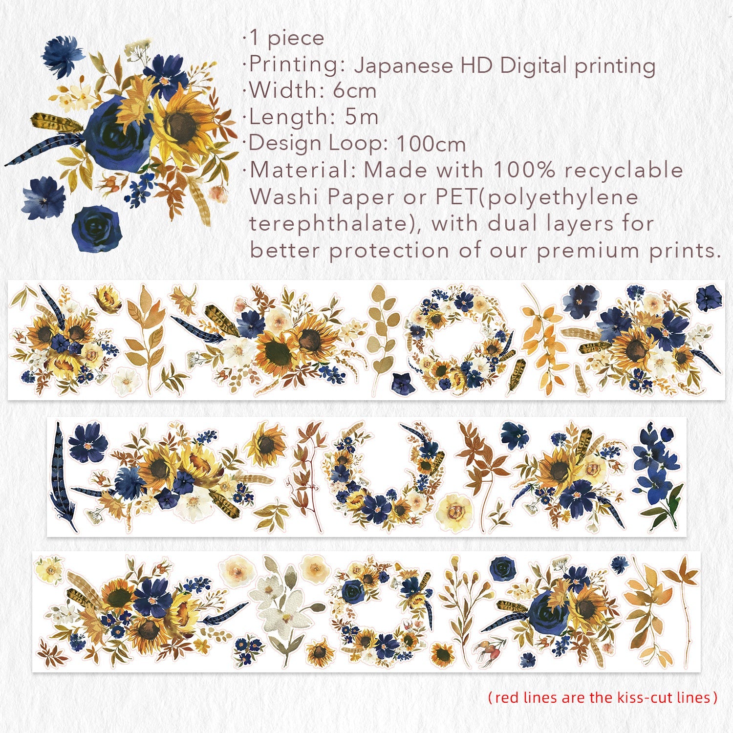 Pre-cut Sunflower & Navy Wide Washi/PET Tape