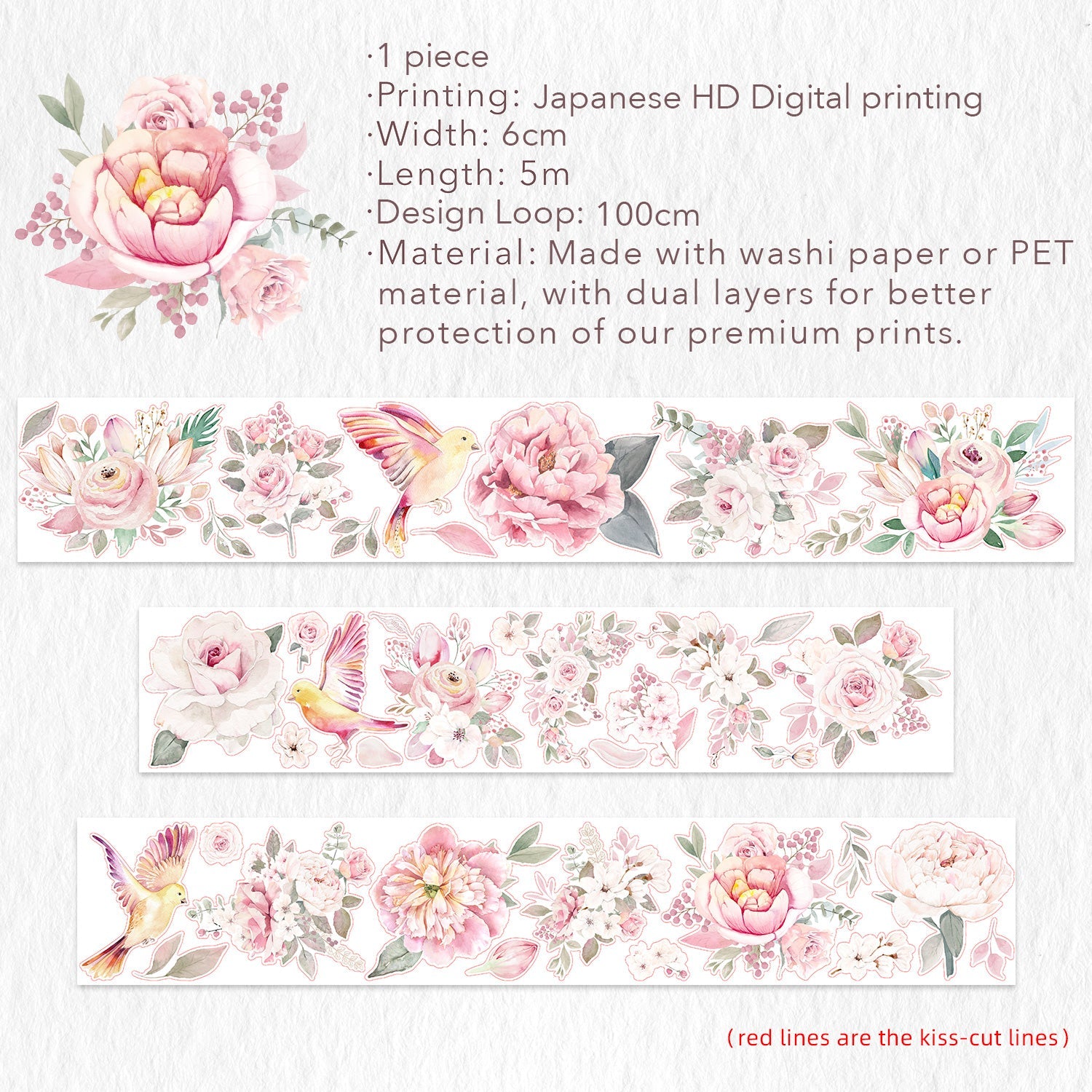 Pre-cut Pink Velvet Wide Washi/PET Tape