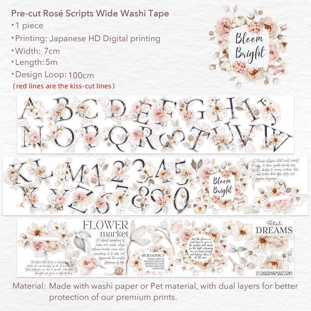 Pre-cut Rosé Scripts Wide Washi/PET Tape