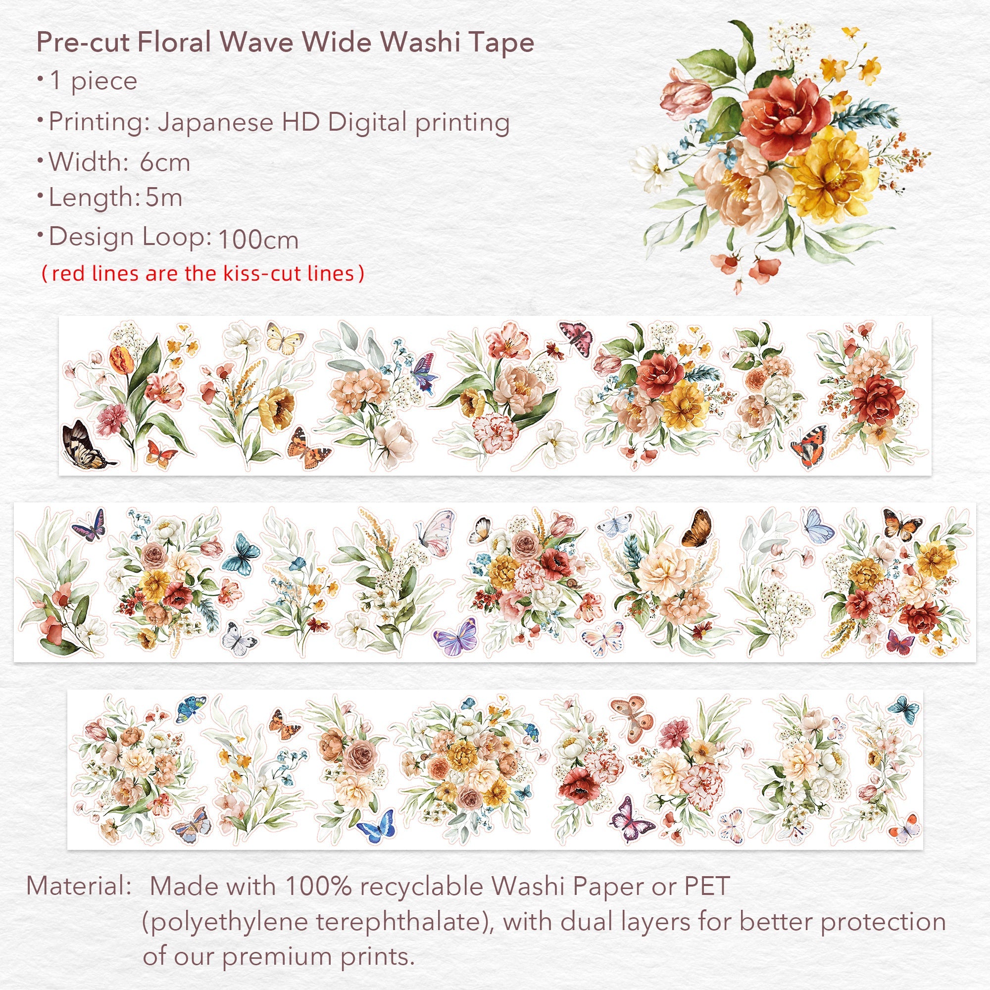 Pre-cut Floral Wave Wide Washi/PET Tape
