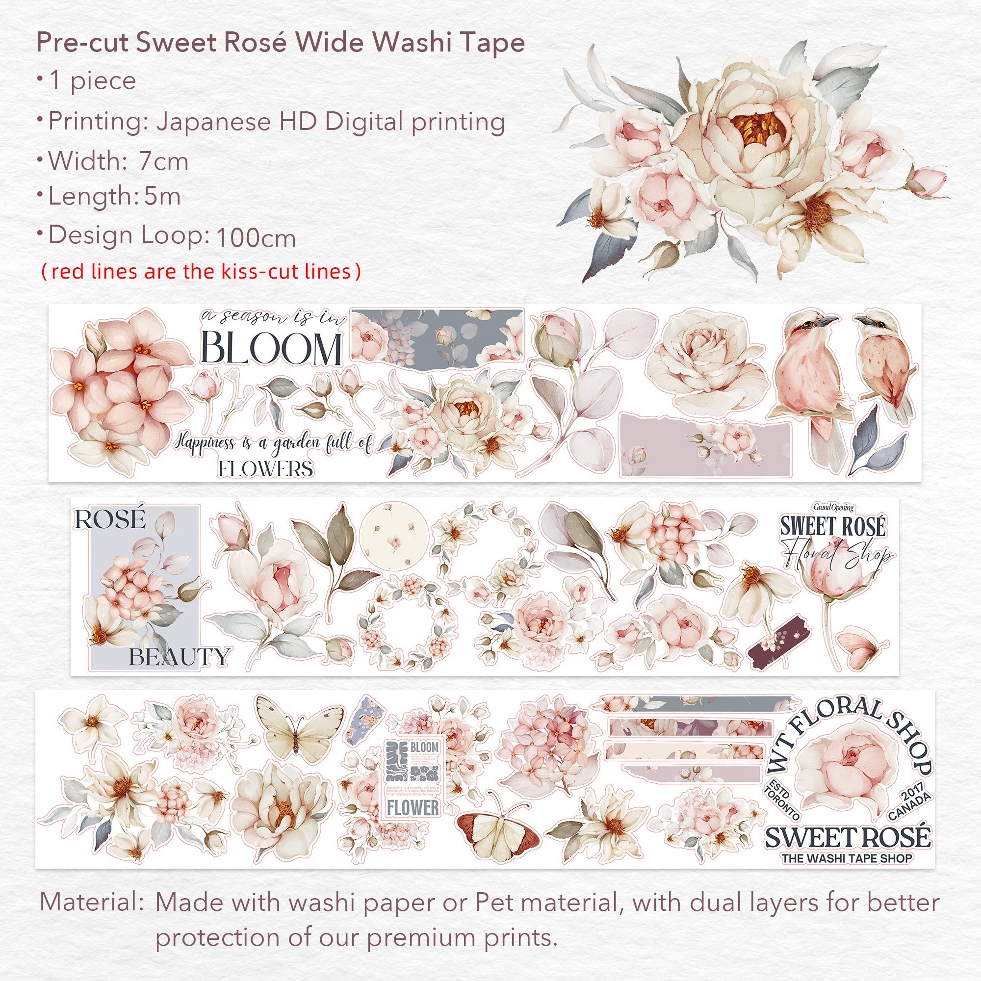Pre-cut Sweet Rosé Wide Washi/PET Tape