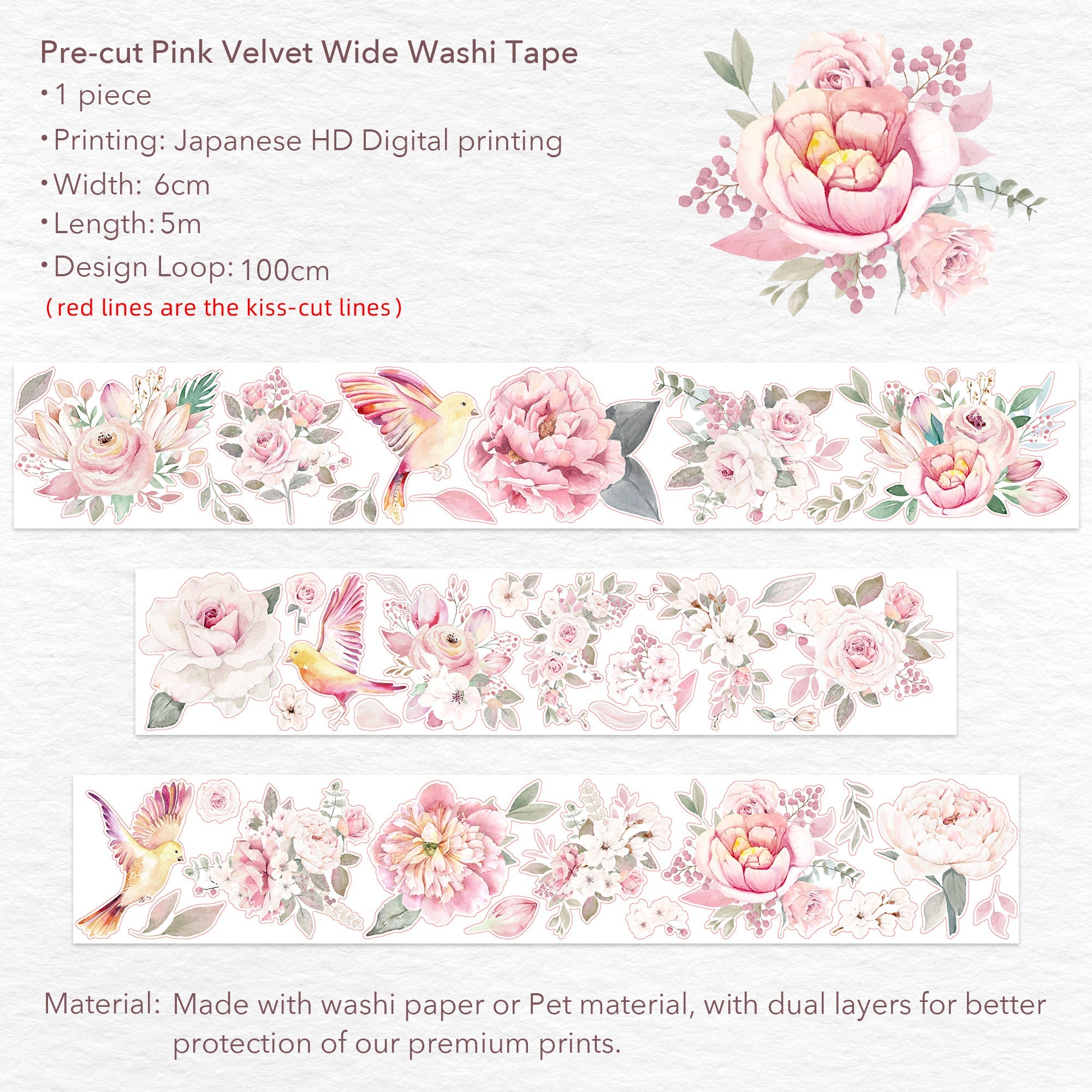 Pre-cut Pink Velvet Wide Washi/PET Tape