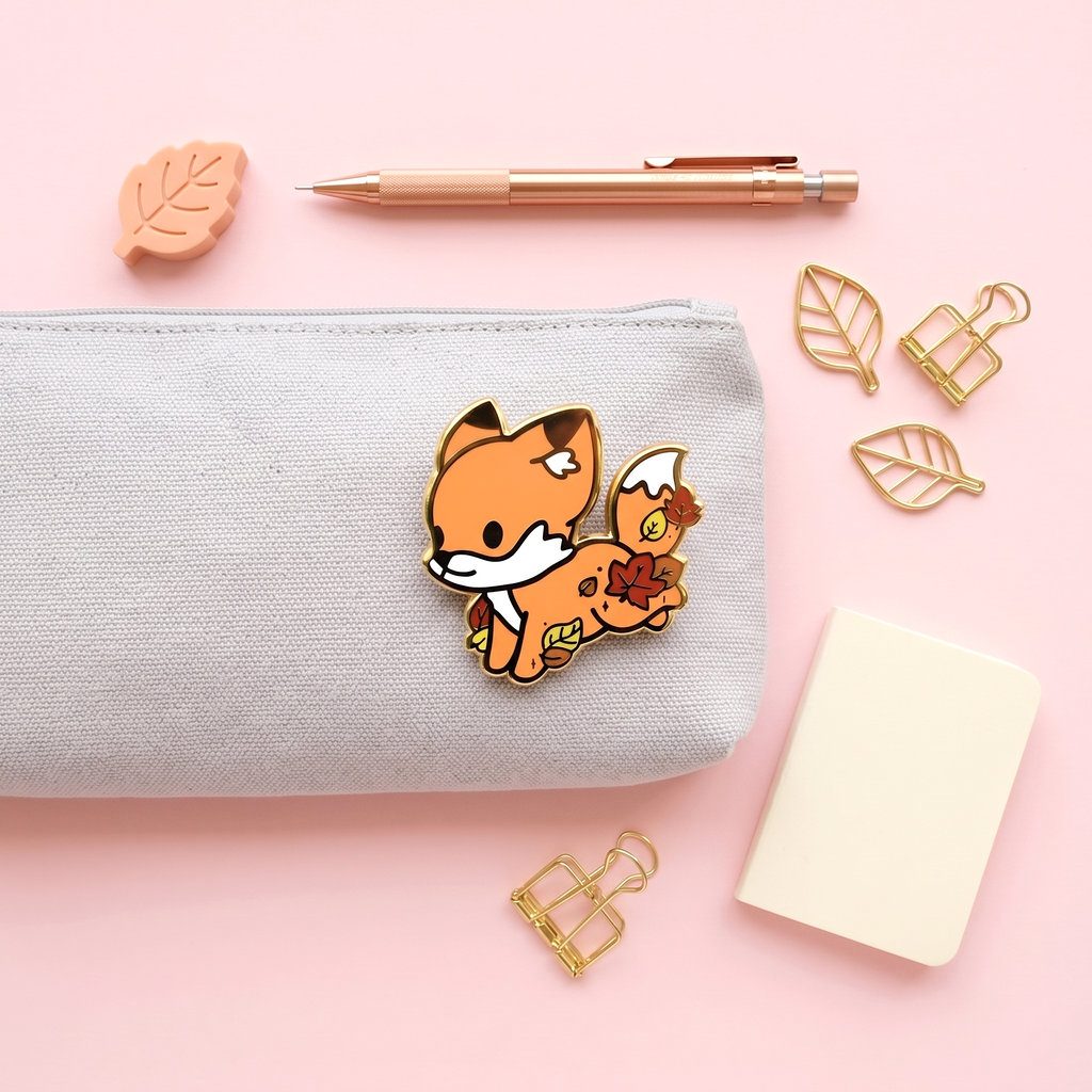Cute Fox & Fallen Leaves Enamel Pin