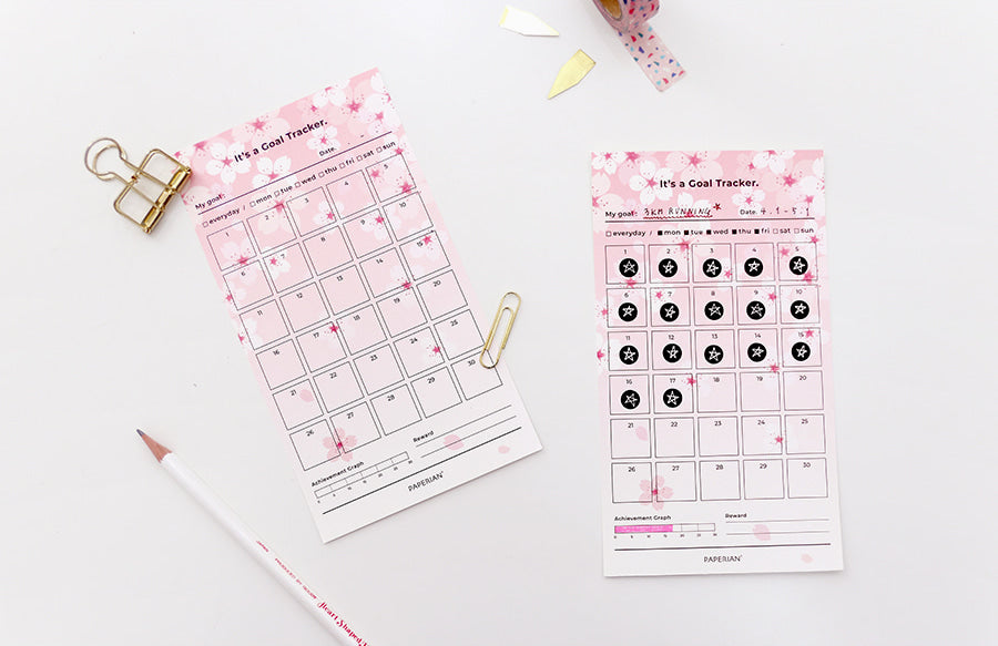 Paperian Cherry Blossom 30 Days Goal Tracker - 12 Sheets