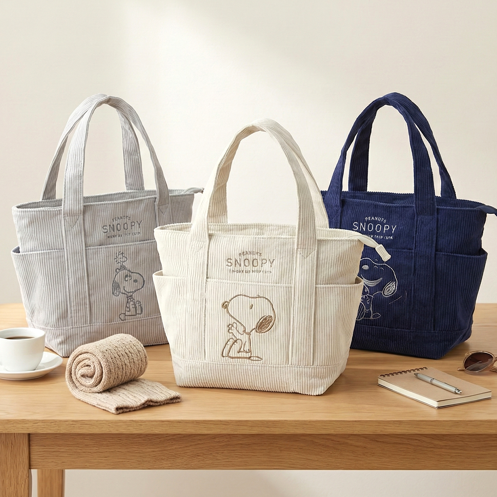 Peanuts Snoopy Corduroy Tote Bag - I Woke Up This Cute (4 Colors)