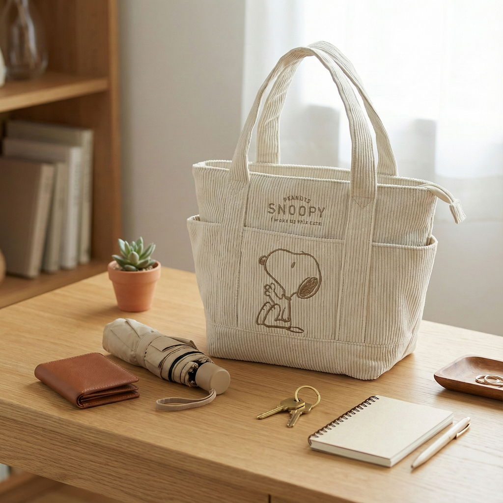 Peanuts Snoopy Corduroy Tote Bag - I Woke Up This Cute (4 Colors)