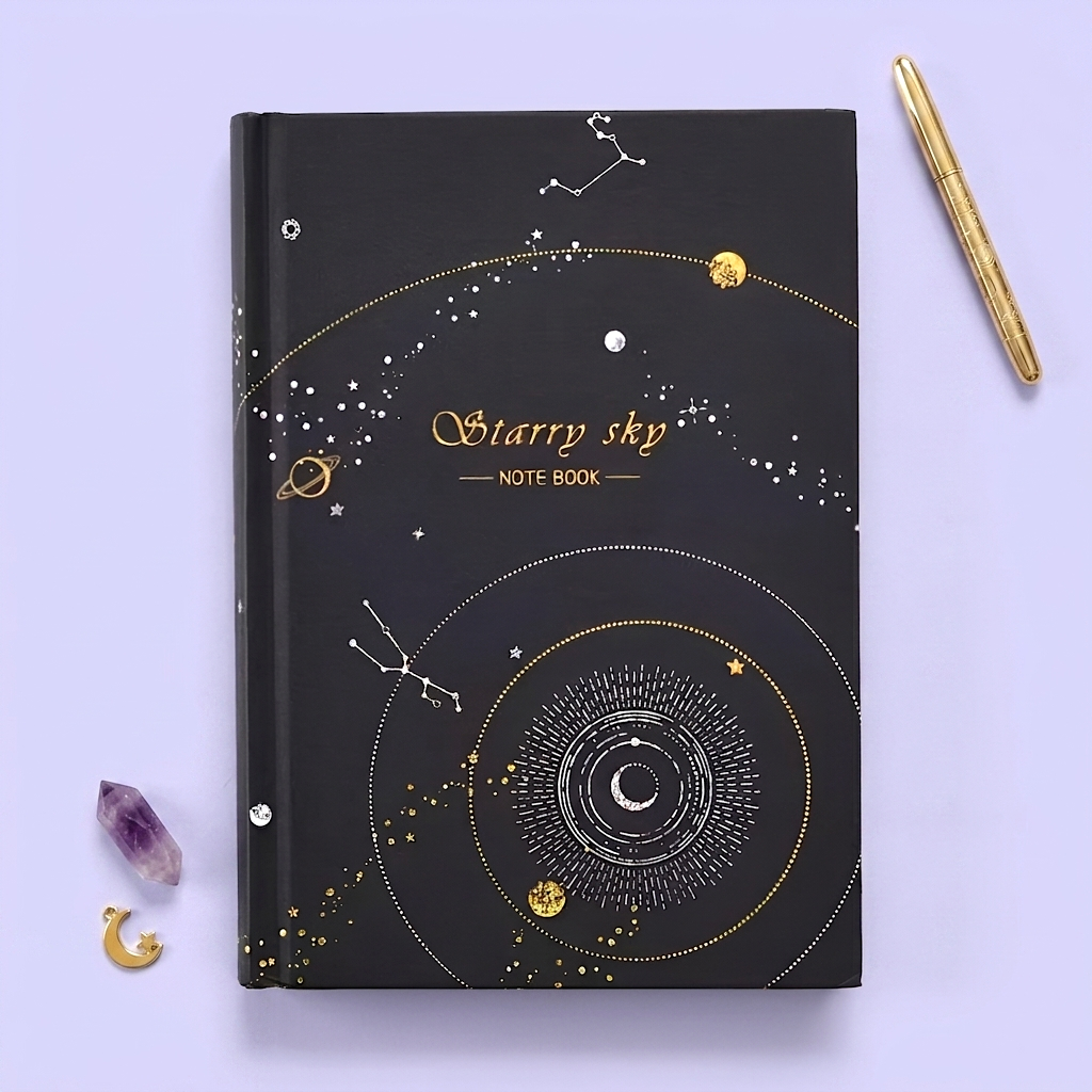 Starry Sky Black Paper Notebook - Hardcover, Gold Foil Design, 256 Pages