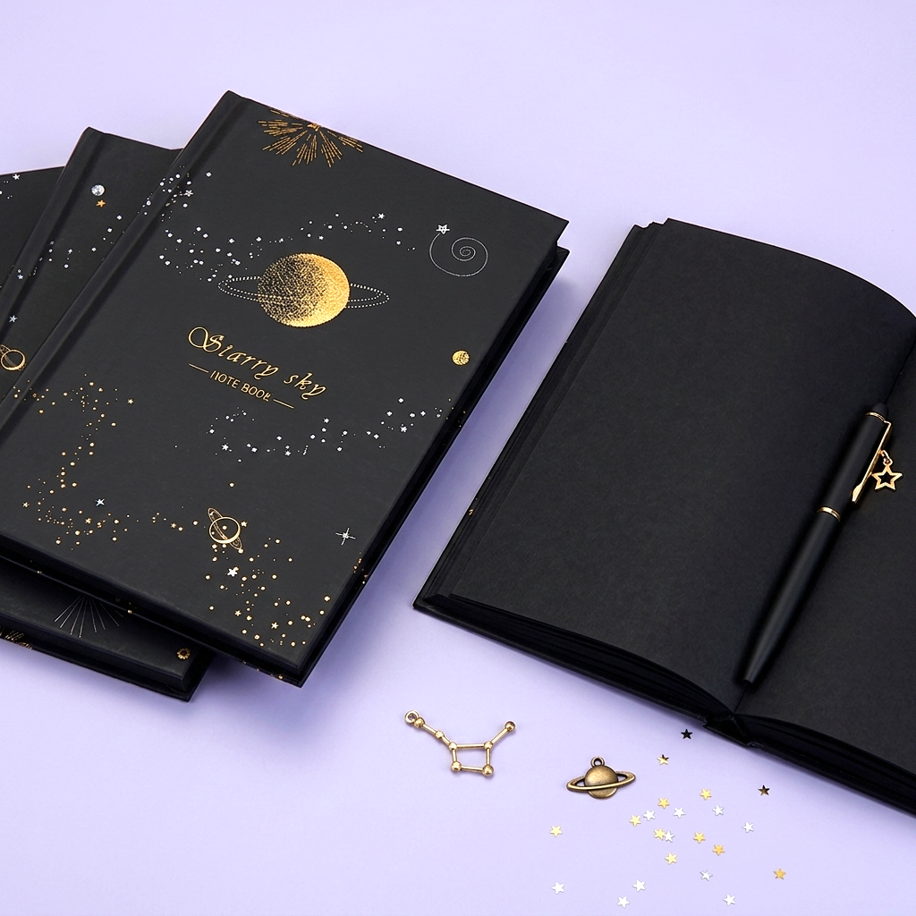 Starry Sky Black Paper Notebook - Hardcover, Gold Foil Design, 256 Pages