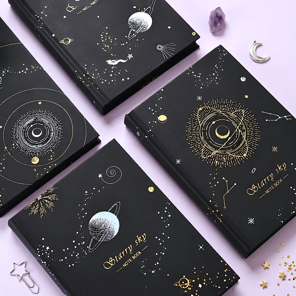 Starry Sky Black Paper Notebook - Hardcover, Gold Foil Design, 256 Pages