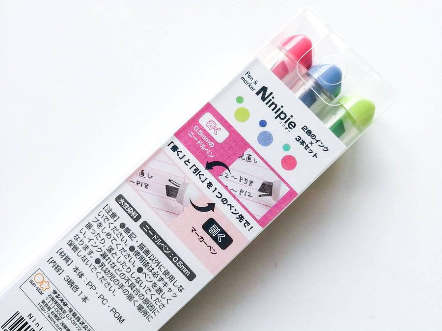 Sun-Star Ninipie Marker Pen & Highlighter - 3 Color Set - Bold