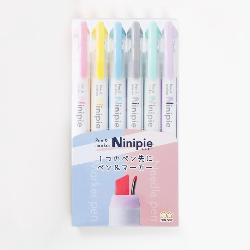Sun-Star Ninipie Marker Pen & Highlighter - 6 Color Set - Pastel