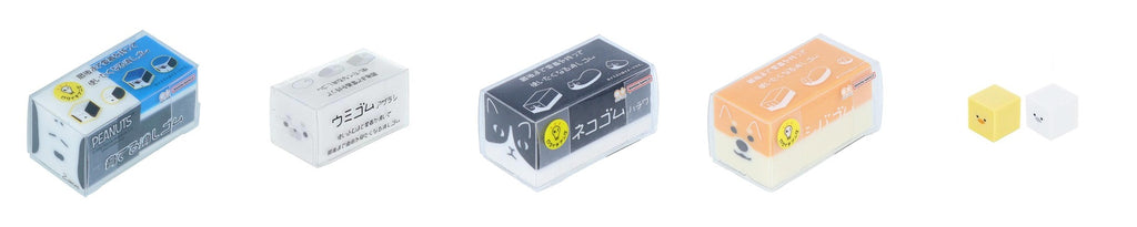 Sun-Star Sodateru erasers in five animal designs lined up on white