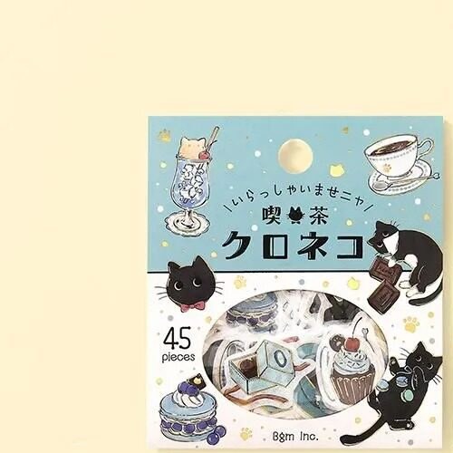 BGM Kissa Kuroneko foil flake sticker pack, Kuroneko, black cat in a blue café scene with parfait, cake and coffee
