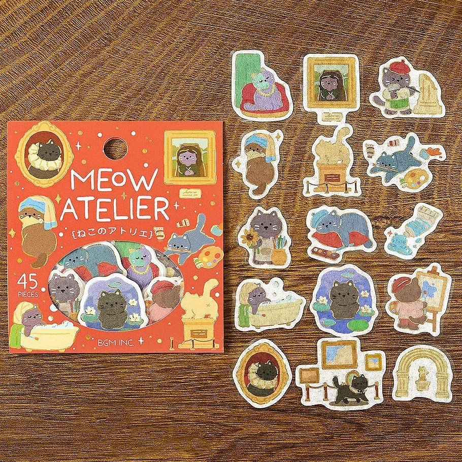 BGM Meow Atelier foil flake sticker pack, cats running a tiny art studio, with paint tubes, canvases and brushes