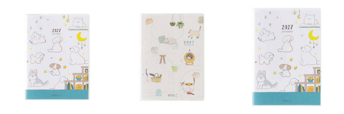 MIDORI Pocket Diary 2027 three cover designs standing together, A6 dog and cat and B6 dog