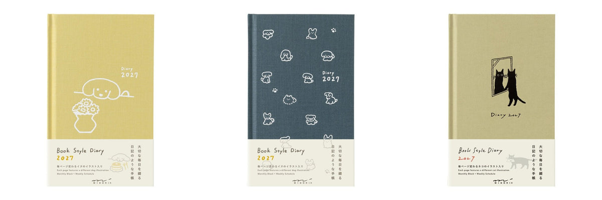 MIDORI Book Style Diary 2027 in yellow dog, navy dog and beige cat covers side by side