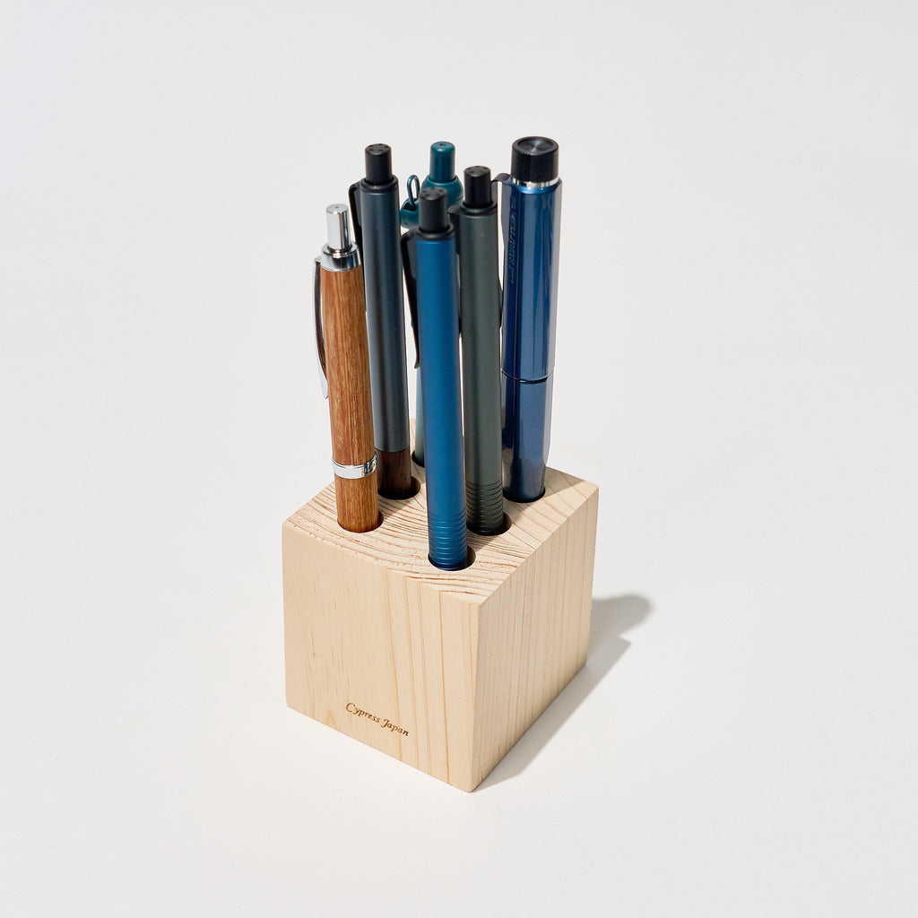 Hinoki Wood Cube Pen Stand / Cypress Japan