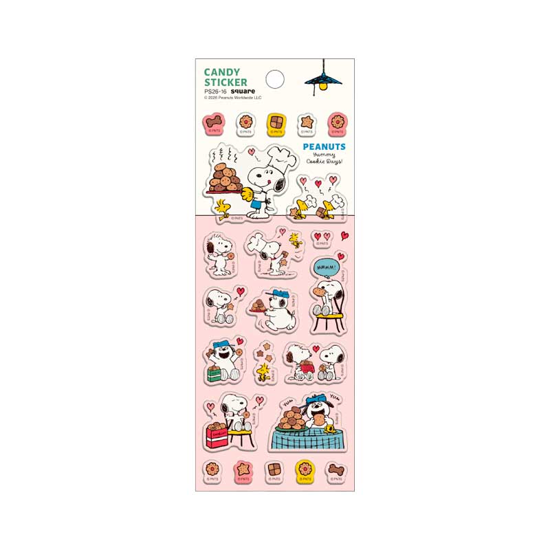 Close-up of the light blue Snoopy candy sticker sheet showing individual die-cut seals