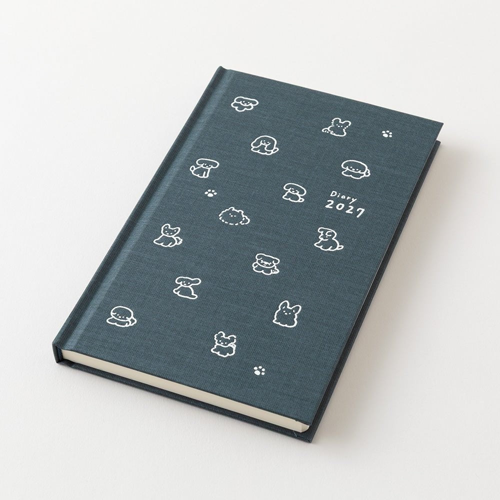 MIDORI Book Style Diary 2027 navy dog planner opened to show the cloth cover binding