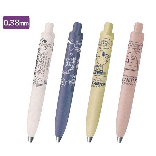 uni-ball one P Snoopy Peanuts gel pens in four barrel colours with 0.38 mm marking