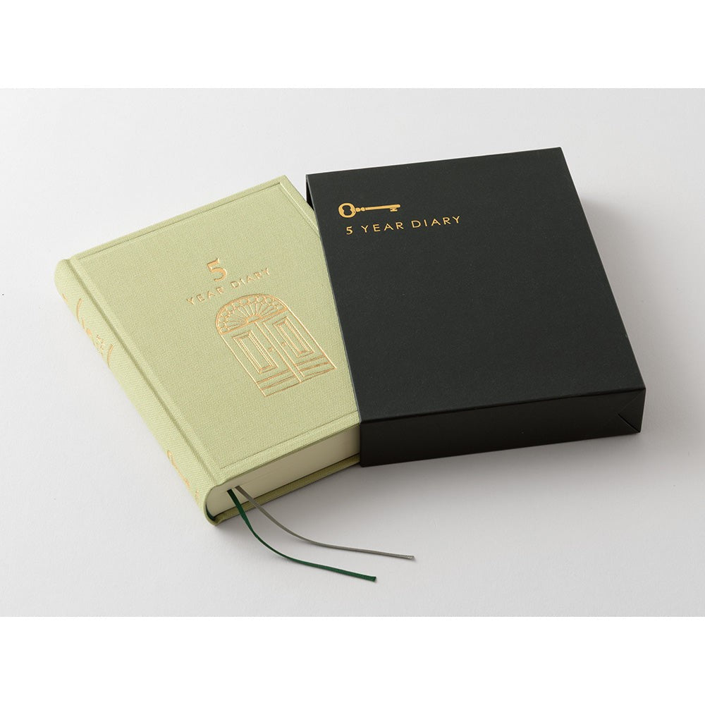 MIDORI 5 Year Diary Gate Mini light green diary open with ribbon markers