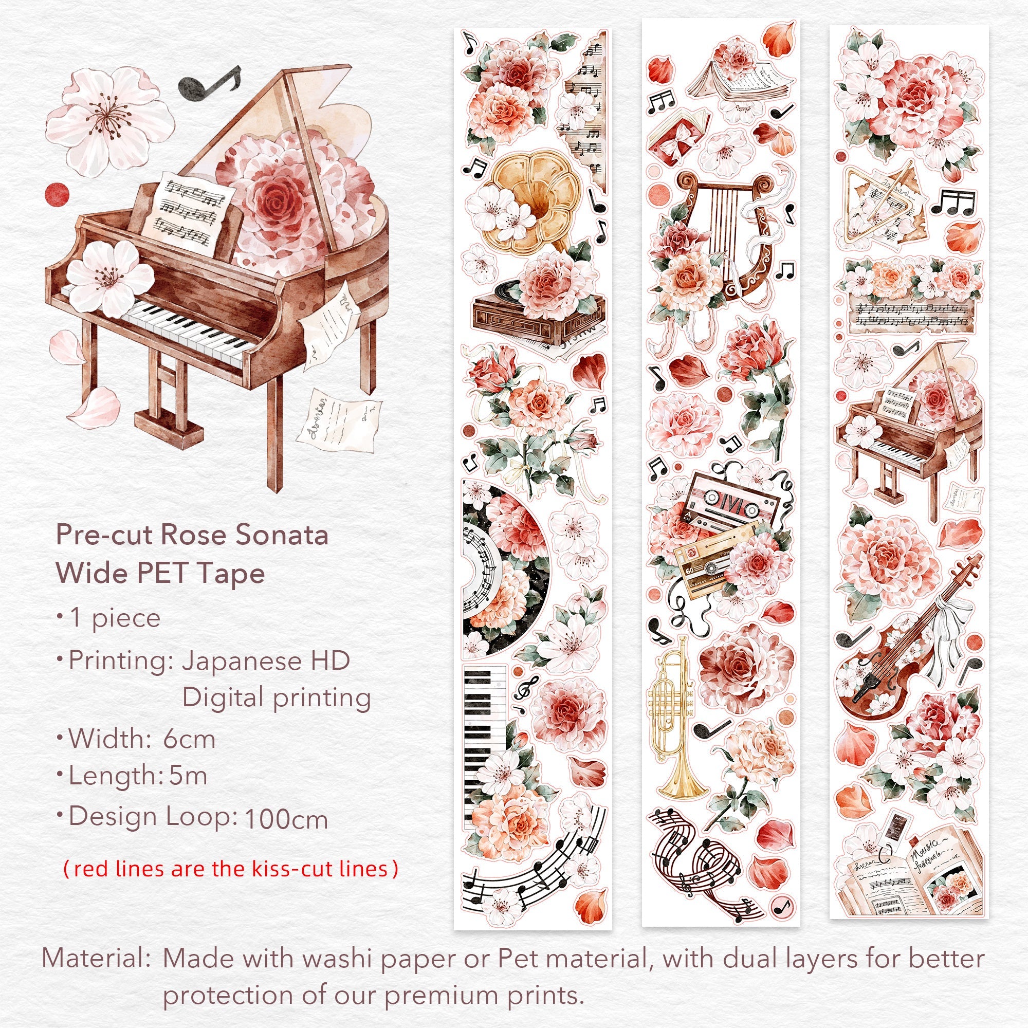 Pre-cut Rose Sonata Wide Washi/PET Tape