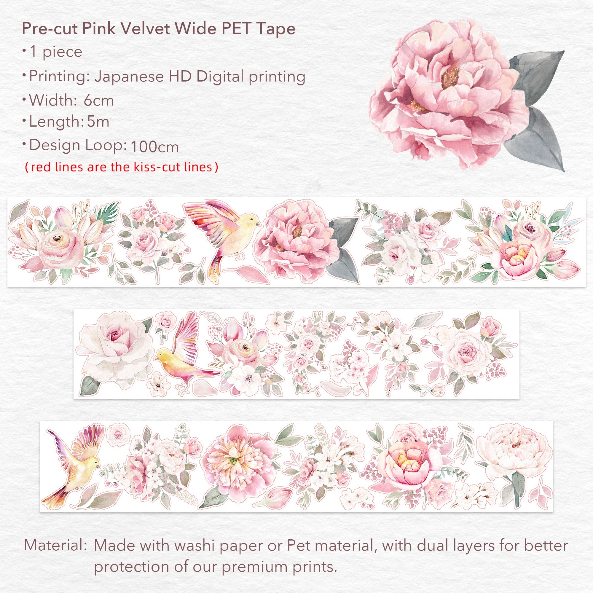 Pre-cut Pink Velvet Wide Washi/PET Tape