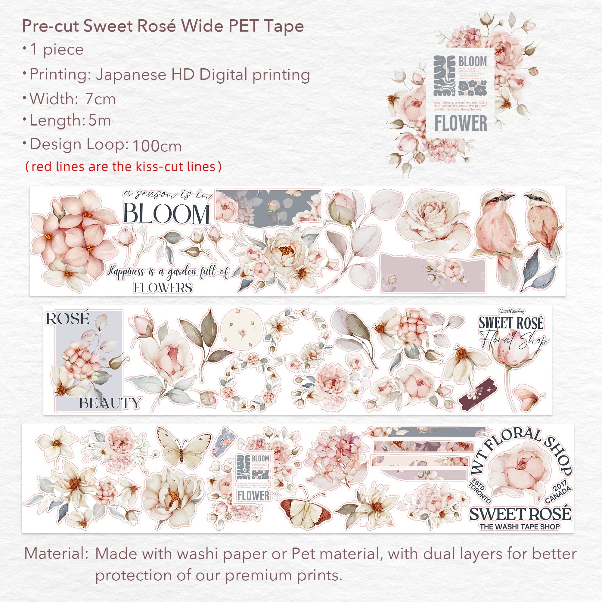 Pre-cut Sweet Rosé Wide Washi/PET Tape