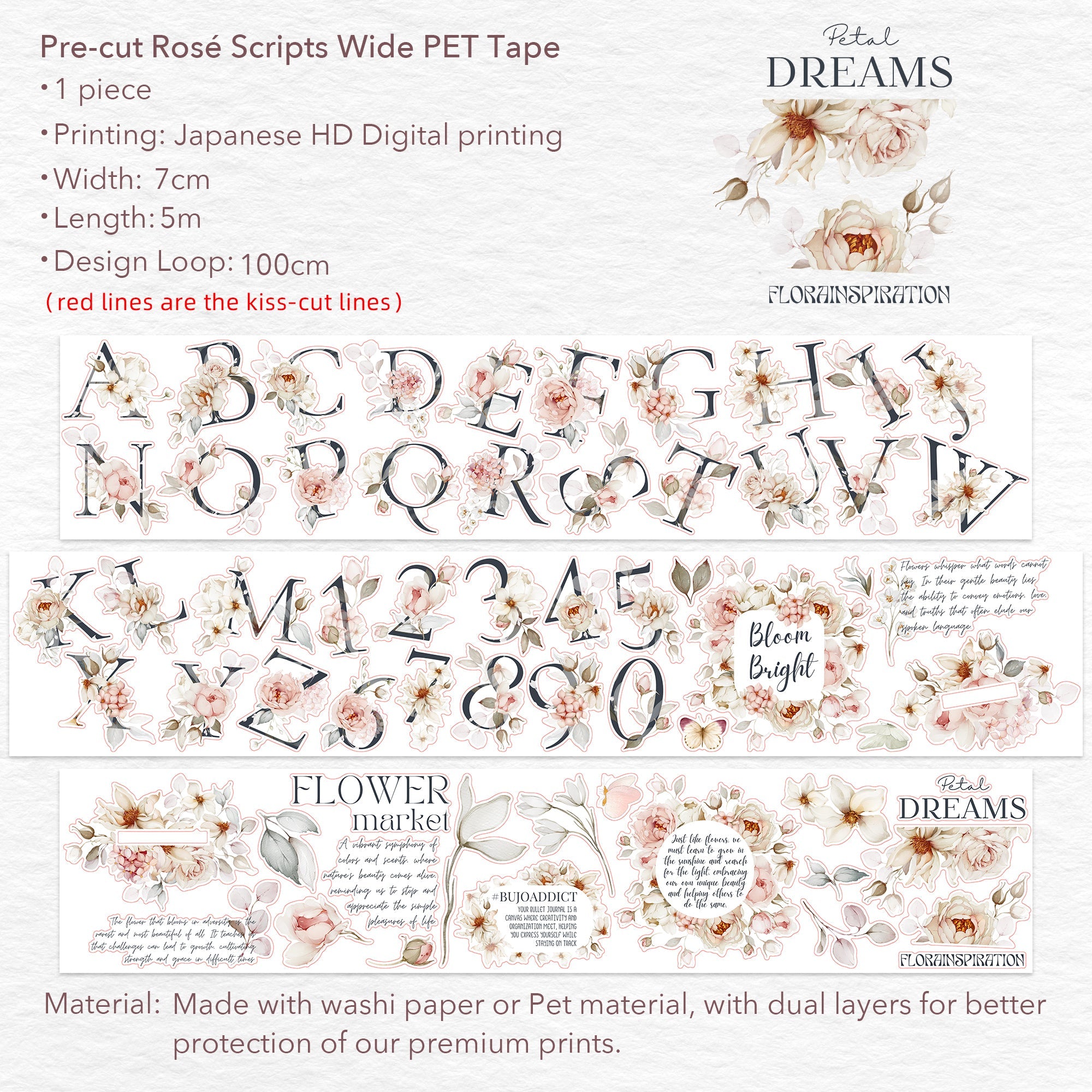 Pre-cut Rosé Scripts Wide Washi/PET Tape