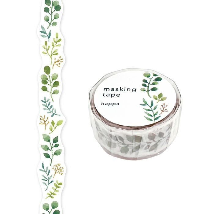 MIND WAVE die-cut masking tape with a vertical green leaf motif, roll and printed strip