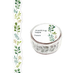 MIND WAVE die-cut masking tape with a vertical green leaf motif, roll and printed strip